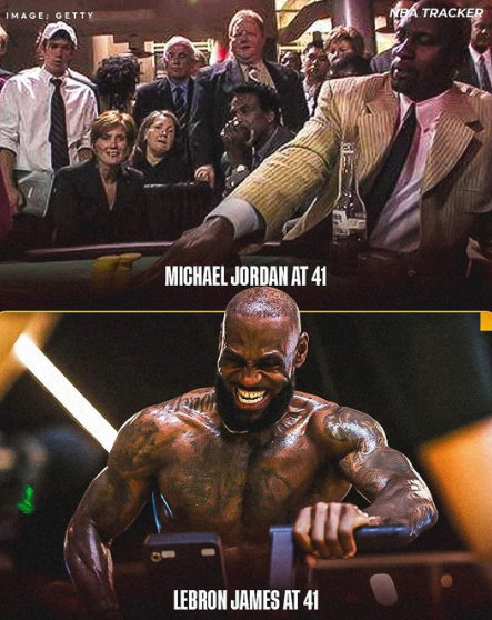 再说谁是GOAT？41岁乔丹在赌场，41岁詹姆斯征战季后赛，带领没有东契齐个里夫