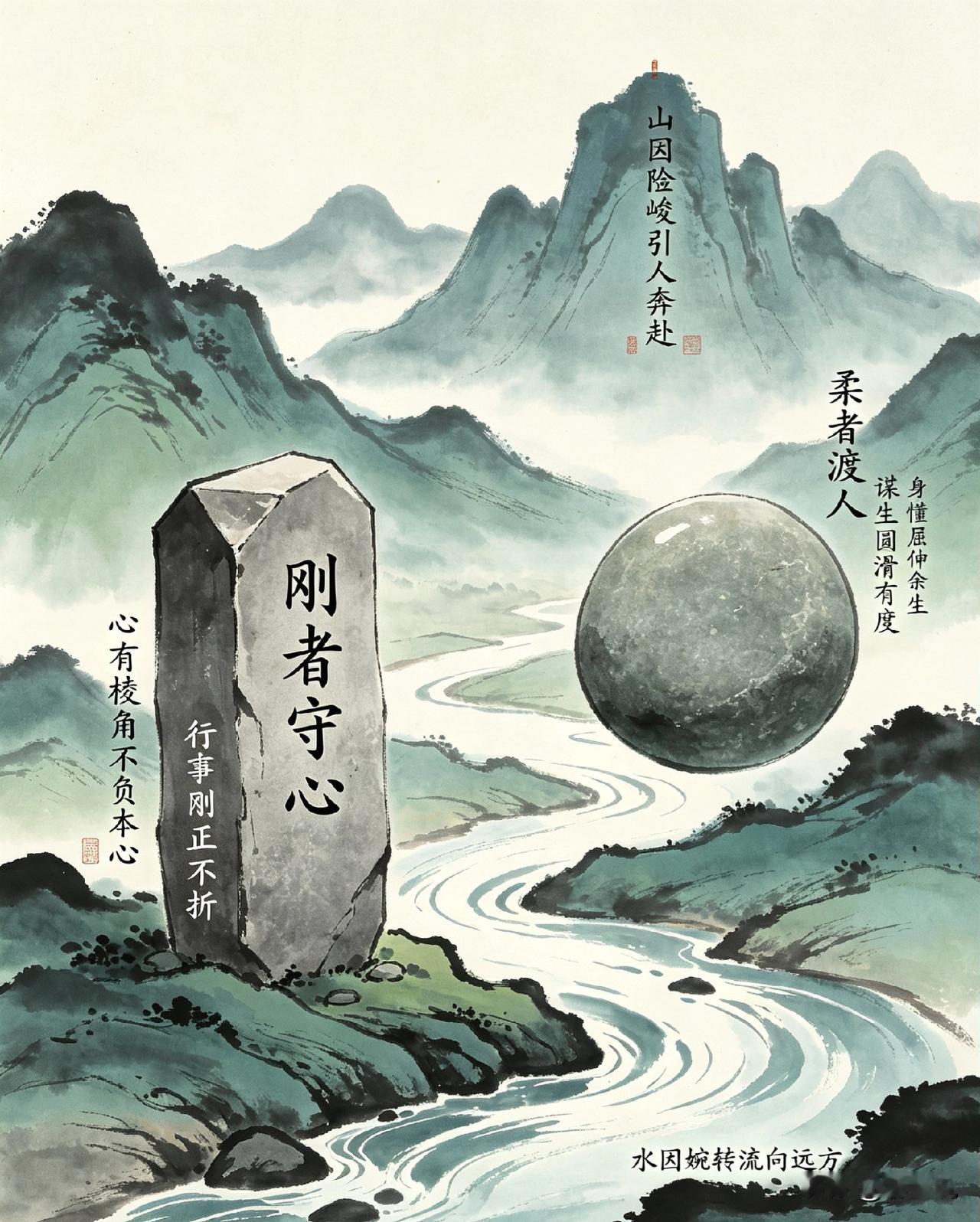 方石立身，圆石渡世，人间世事，各有修行
 
刚者守心，柔者渡人，万物浮沉，自有天