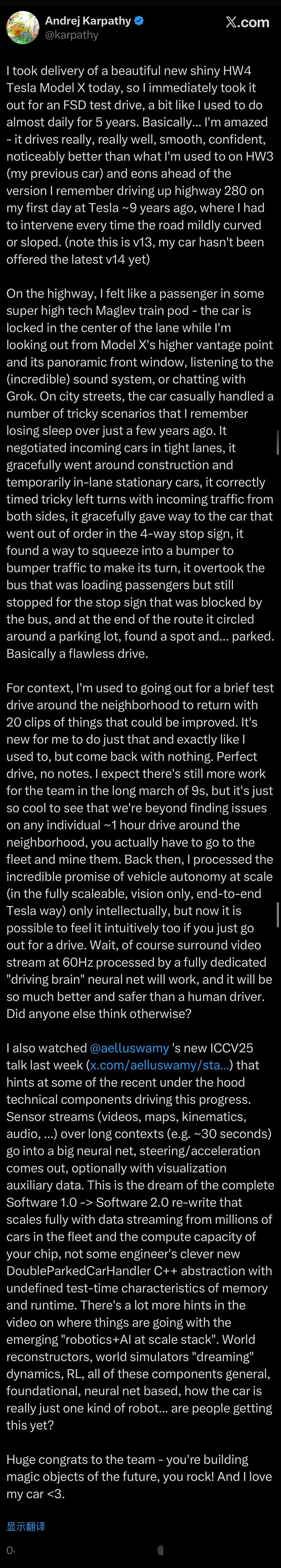 AK 点评特斯拉FSD。GPT翻译如下：我今天刚提到一辆全新的、闪闪发亮的 HW