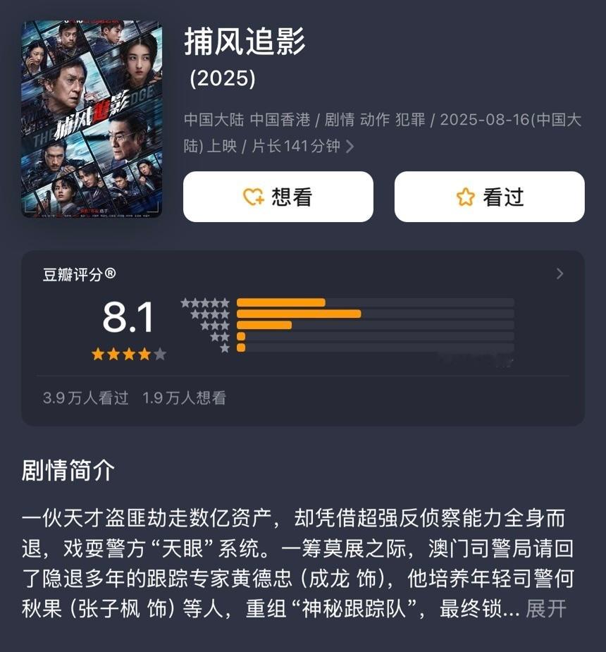 电影《捕风捉影》豆瓣开分8.1，成为近十年国产动作犯罪电影最高分，也是成龙近期主