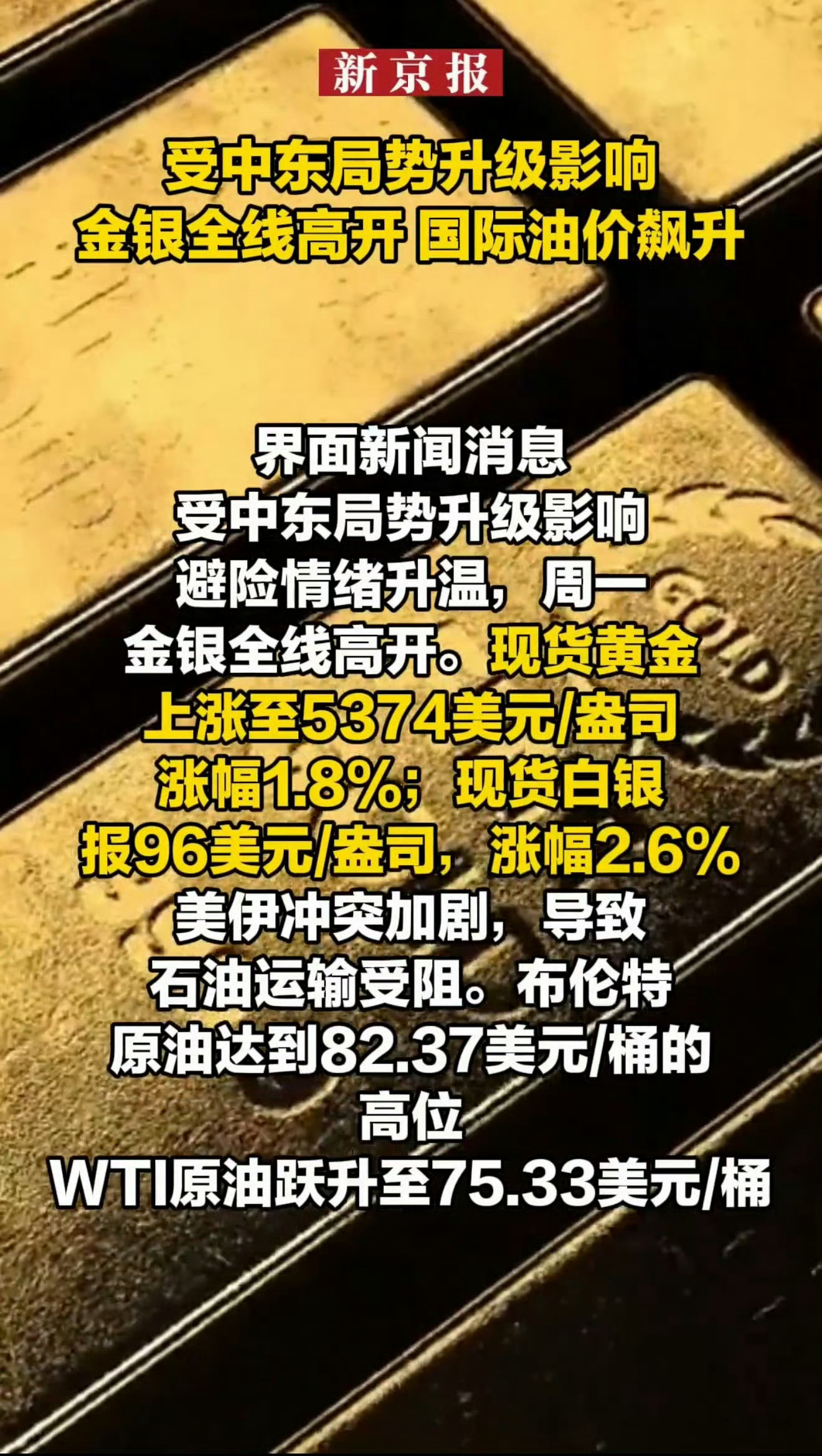 油价金价大涨 因为战争导致的金价上涨，那些资本商人赚这样的钱，你们良心不会痛嘛？