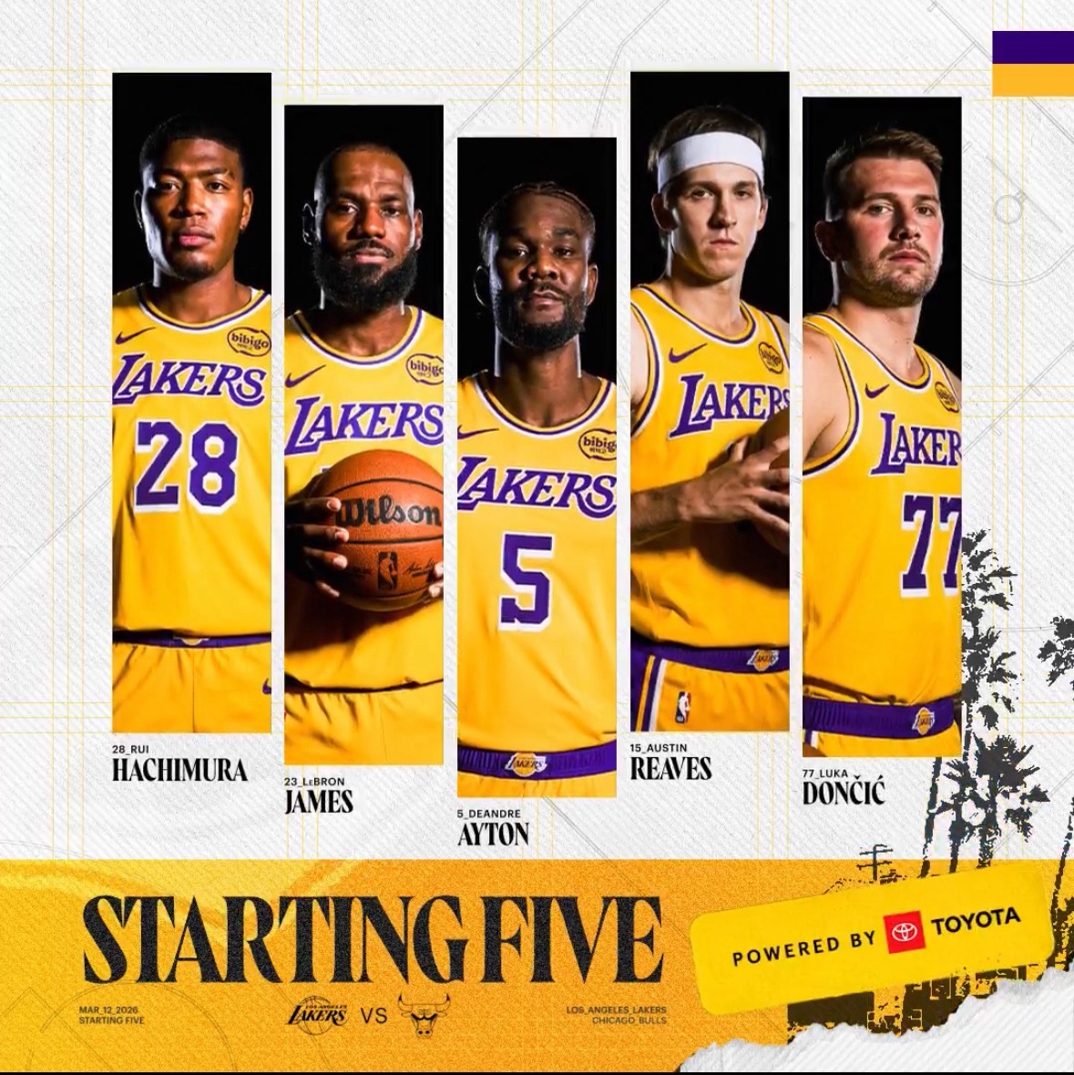 湖人首发：东契奇、里夫斯、八村塁、詹姆斯、艾顿公牛首发：吉迪、琼斯、米勒、布泽利