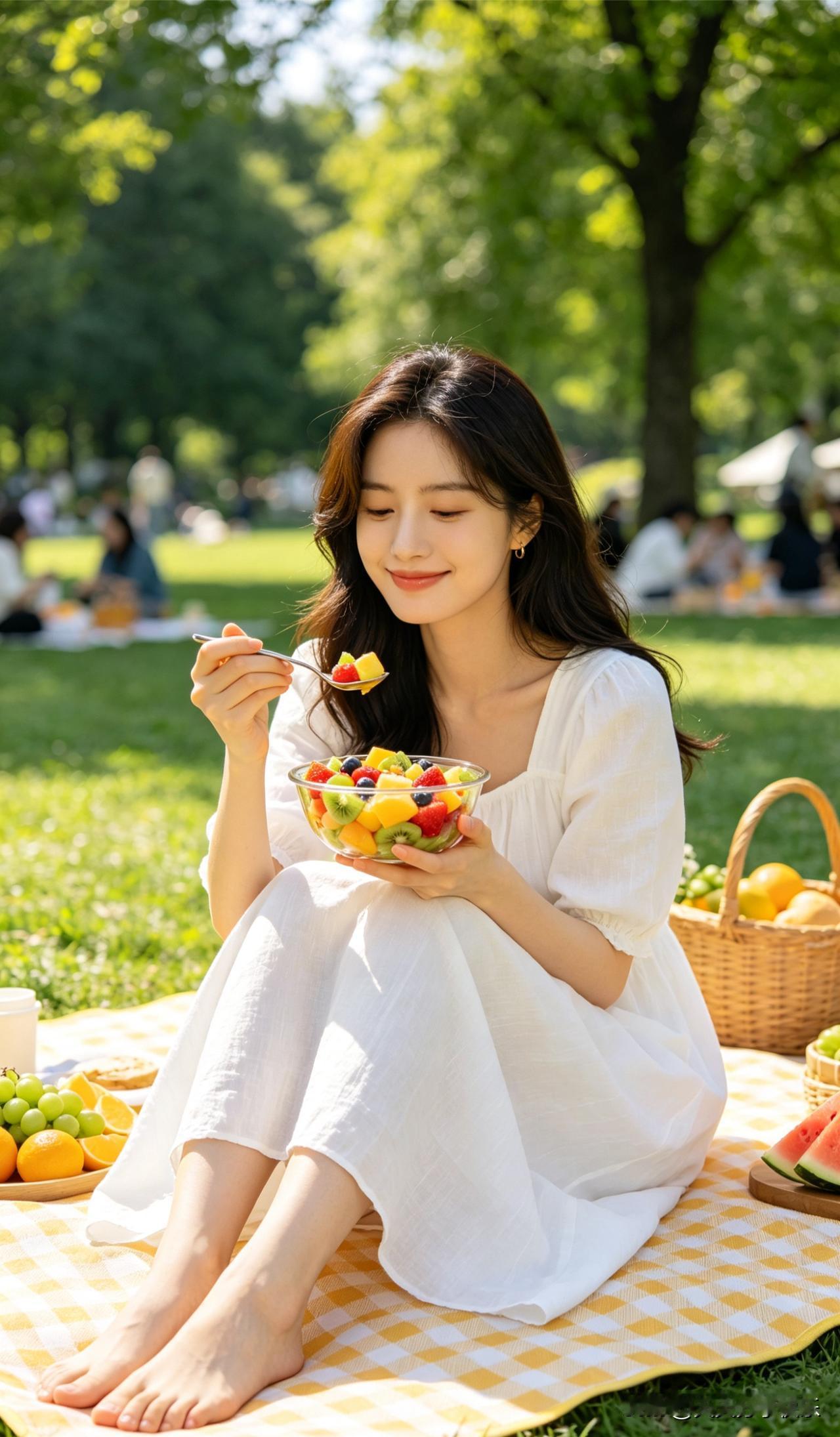 ai宝妈在公园草坪上吃水果ai宝妈 宝妈ai ai正能量宝妈 ai辣妈 ai母女