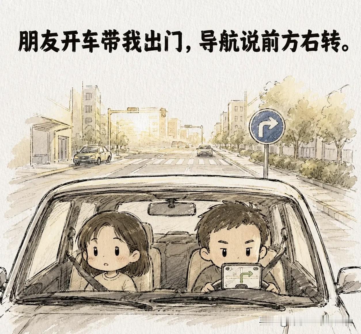 有什么好看的漫画：朋友开车带我出门，导航说前方右转。他猛打方向盘，直接冲上人行道
