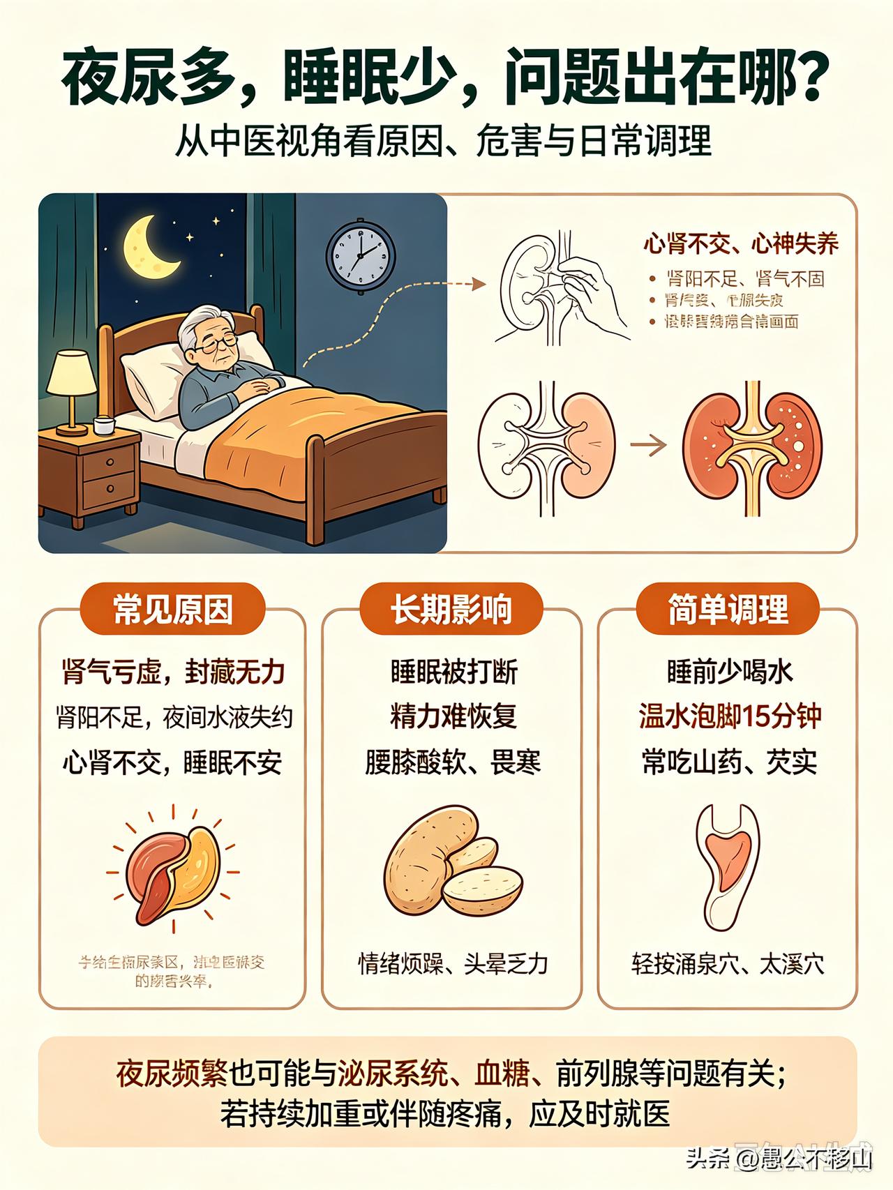 夜尿多，睡眠少的危害有多大？
 
       不少上了年纪的朋友，都有这样的体