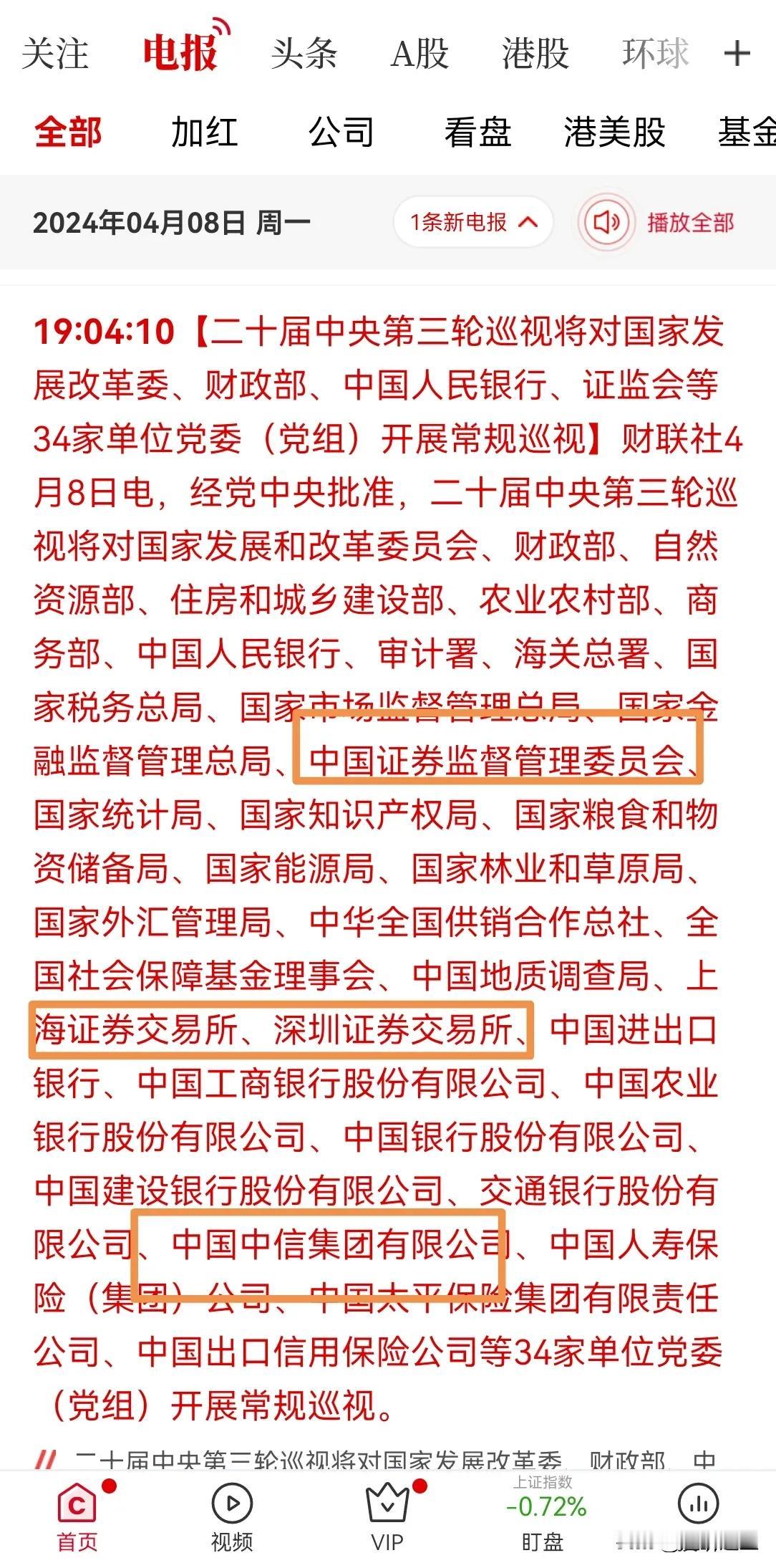 二十界第三轮巡视将进驻证监会，交易所，中信集团，看看能翻出什么巨浪？