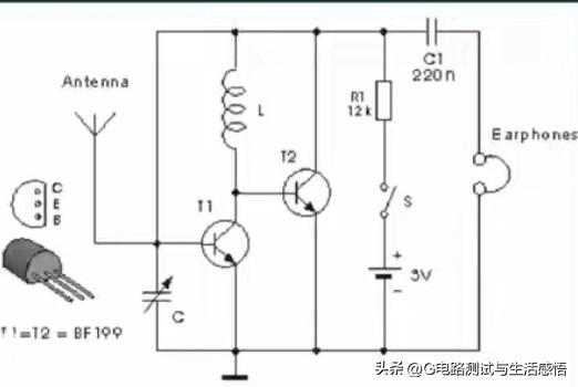 最简FM收音机电路
插图是一款结构极其简单的直放式FM接收电路。
晶体管T2、电