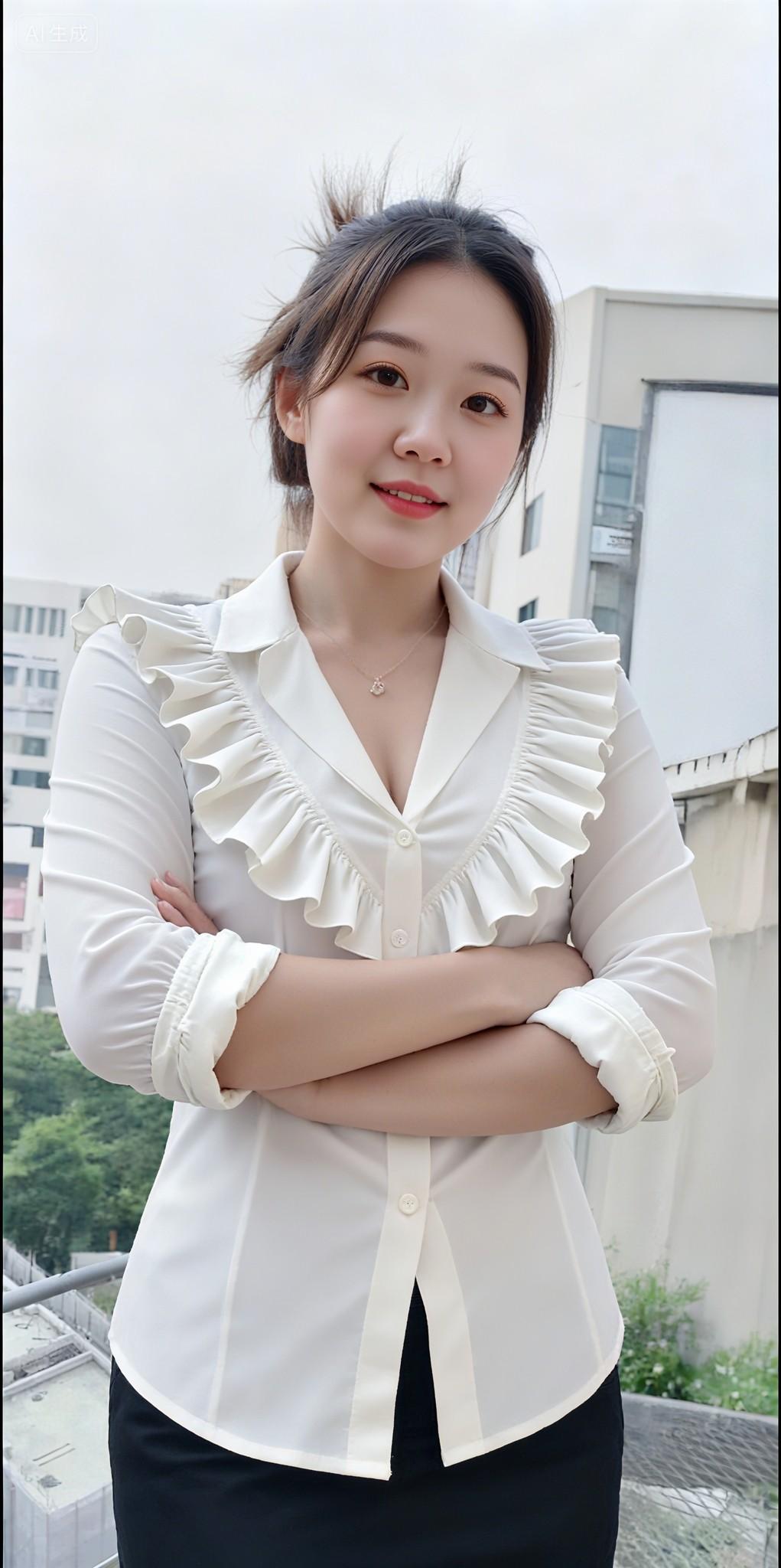 元气满满的早春穿搭，白色荷叶边衬衫搭配黑色裤子，清新又时尚！🌸👗💕