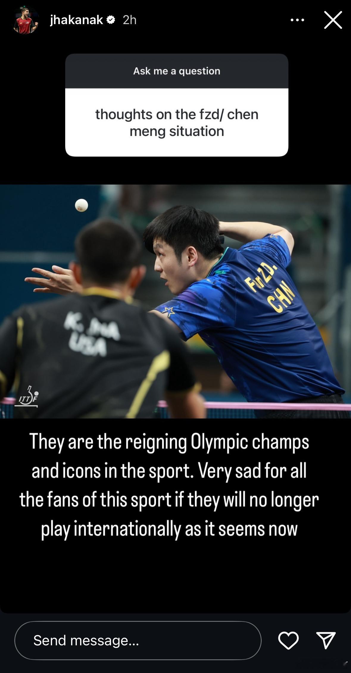 巴黎奥运会和樊振东交过手的美国球员卡纳克·贾哈表示“樊振东和陈梦是奥运卫冕冠军和