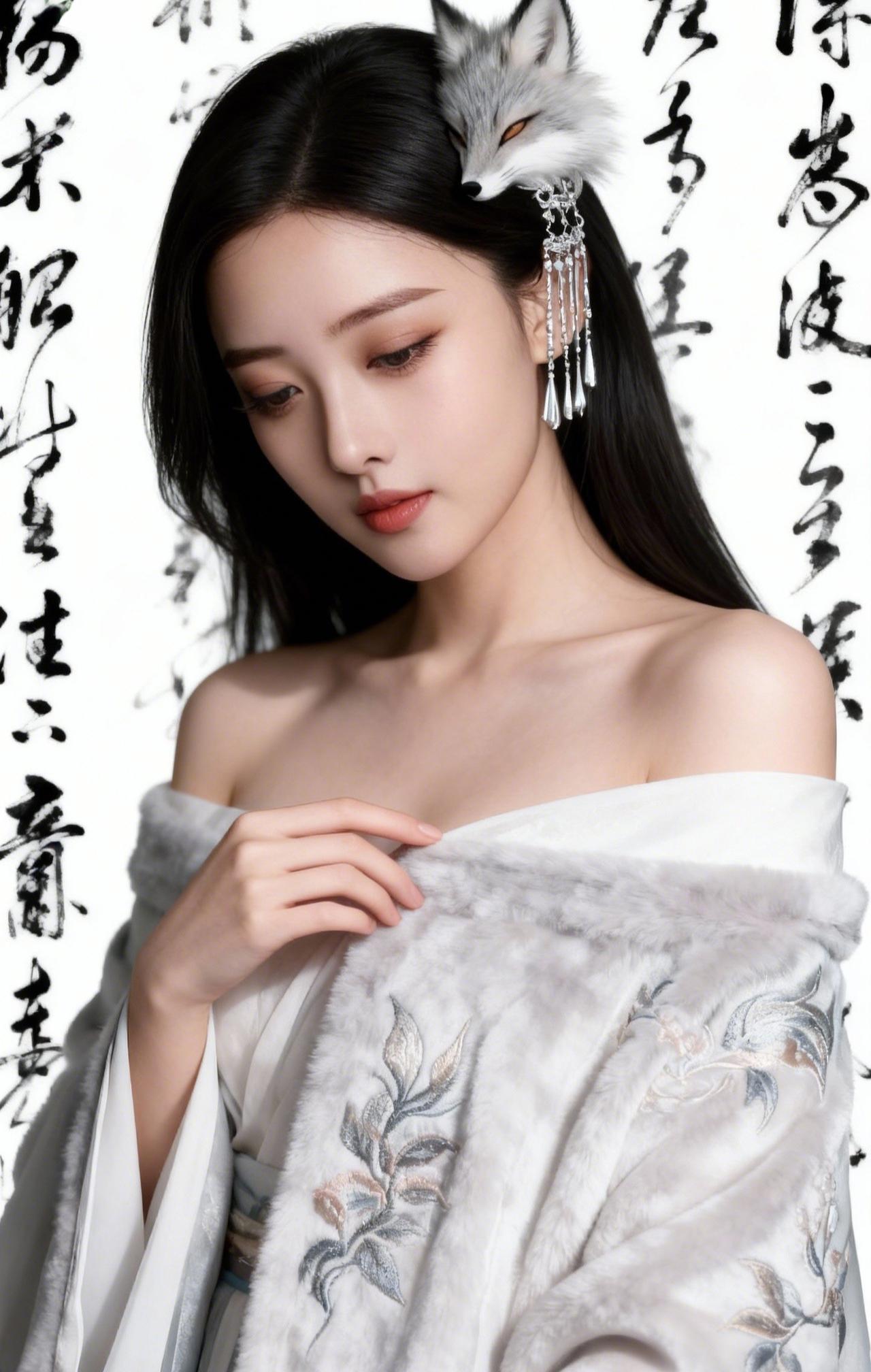 素衣裹霜，银狐簪头。
墨字作底，心事藏在垂眸的温柔里。
风过发梢，似有狐鸣浅唱，