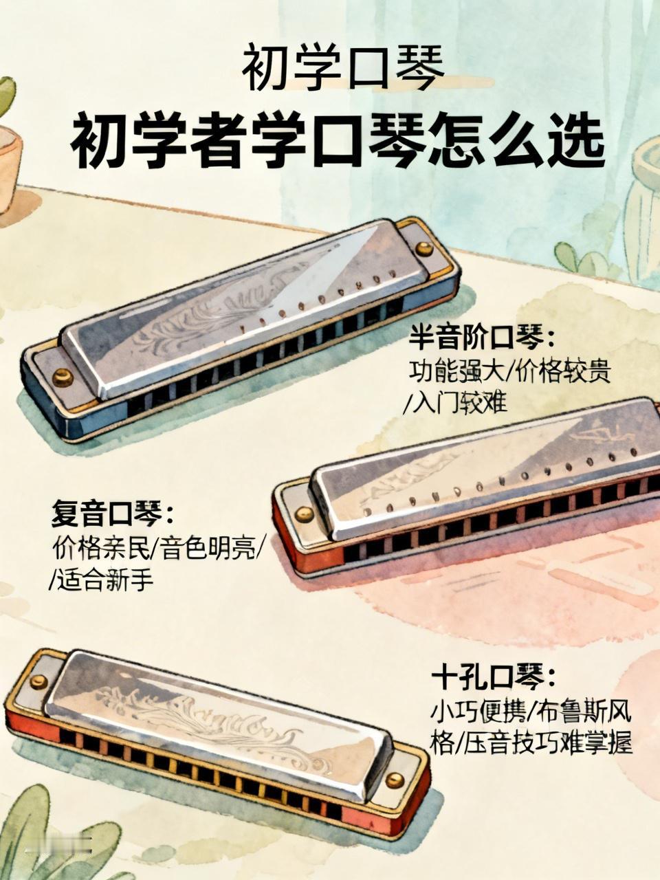 初学者选口琴，先得了解口琴类型。常见的有复音口琴、半音阶口琴和十孔口琴。
复音口