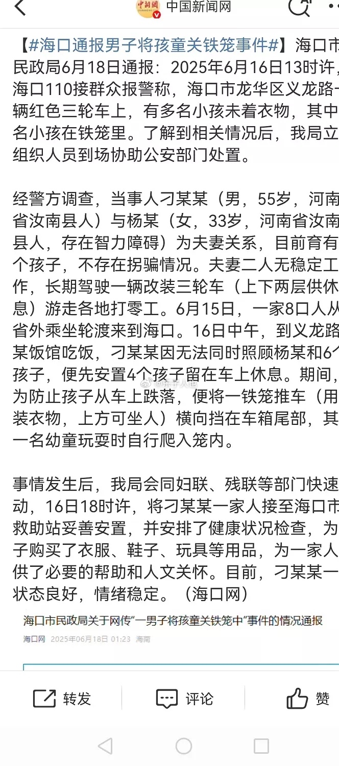 海口通报男子将孩童关铁笼事件55岁男子与33岁智力障碍女子生育6个孩子，民政局、