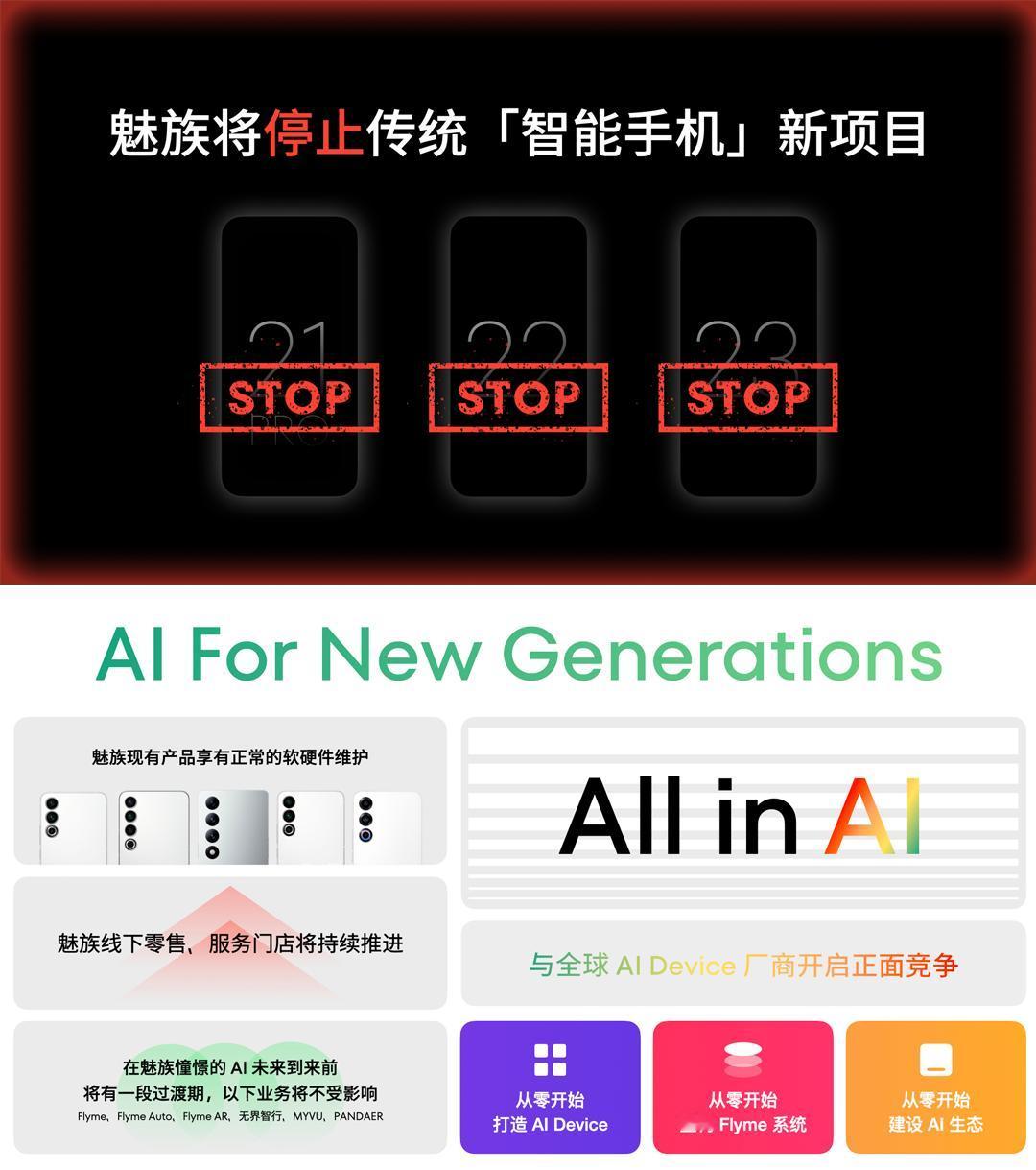 魅族宣布停止传统手机新项目的开发，转型“All in AI”。这无疑是个艰难而正