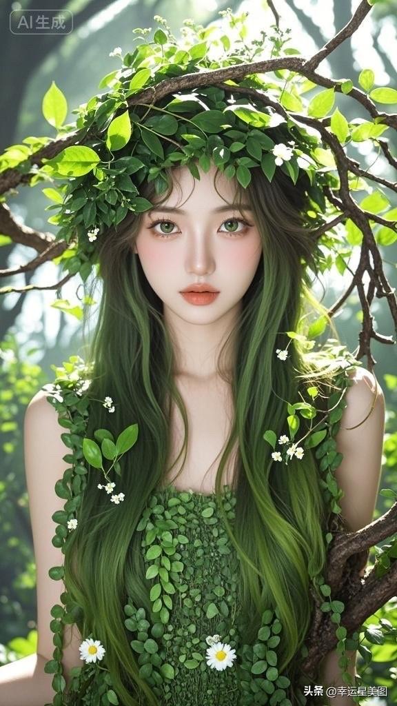 森林精灵的梦幻时刻，绿意盎然，宛如童话世界