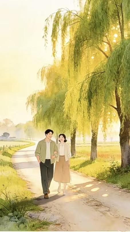 路柳依依
长路垂杨翠影柔，
情人笑语正方稠。
阳光碎洒枝间晃，
燕雀欢鸣闹柳头。