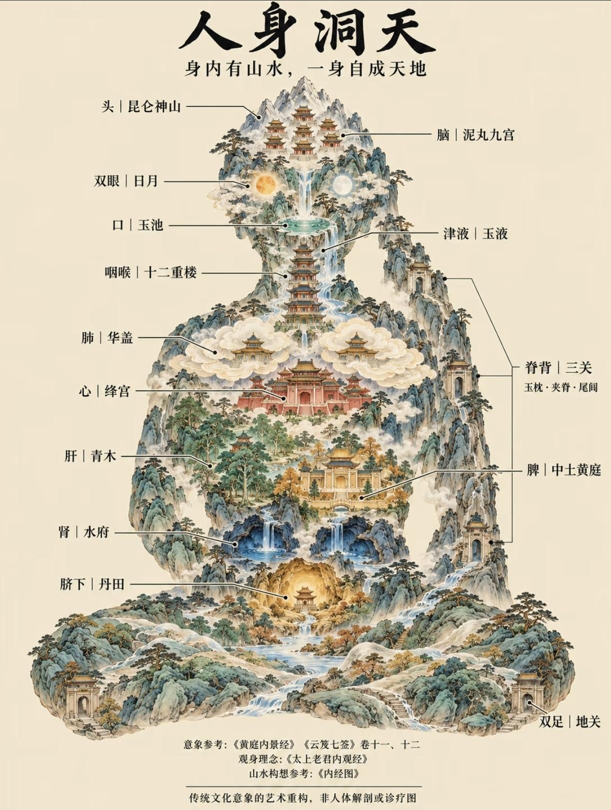 看到这张人身洞天图，越琢磨越有意思。
 
古人说，万物有声音、颜色、味道，人有耳