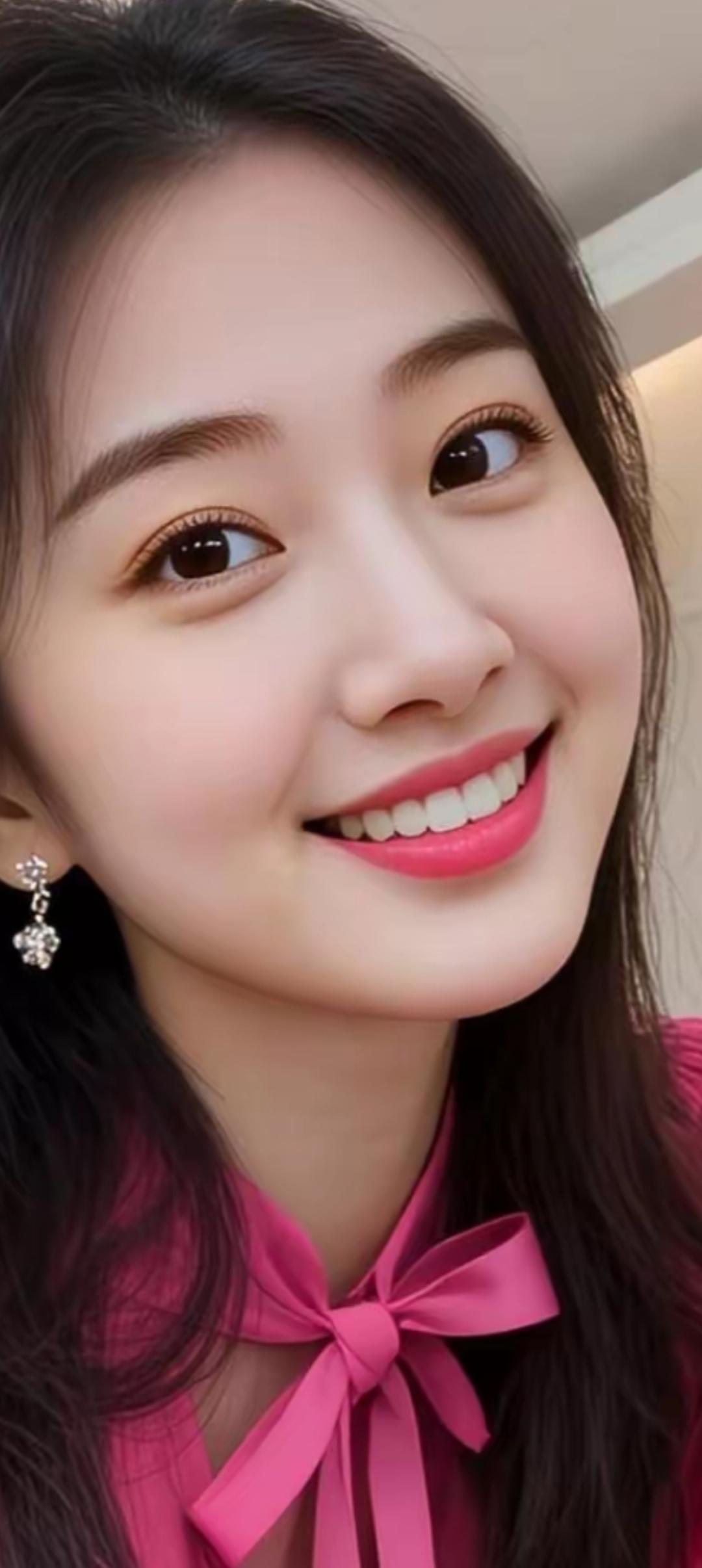 甜美笑容，粉色蝴蝶结，闪耀耳环，元气满满的一天！🌸💖✨