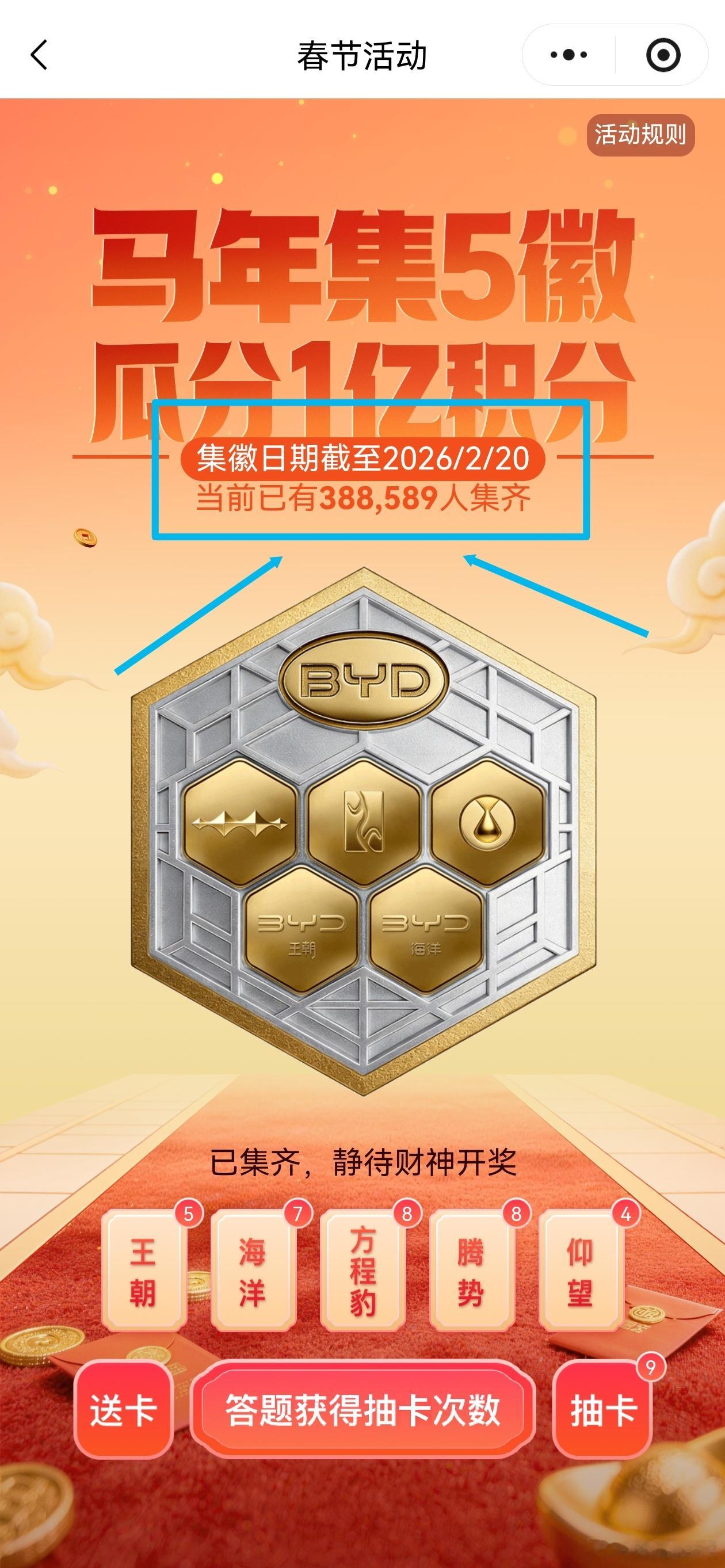 共计: 388,589人集齐 期待开奖比亚迪集五徽分1亿积分宠粉比亚迪