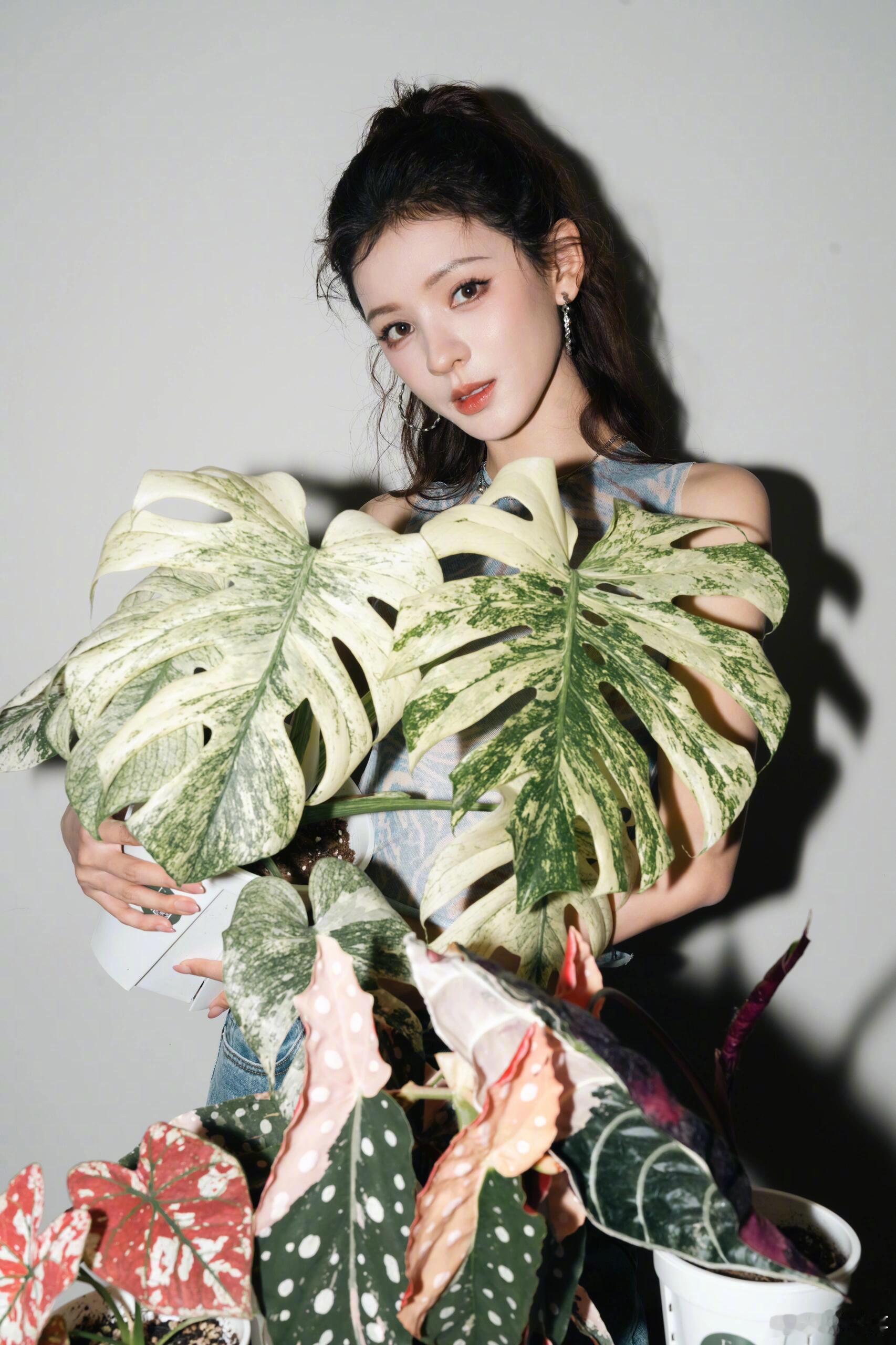 莫名带着一种热带雨林的气息，扑面而来的是原始野性的美～衣服的花纹和龟背竹的纹路也