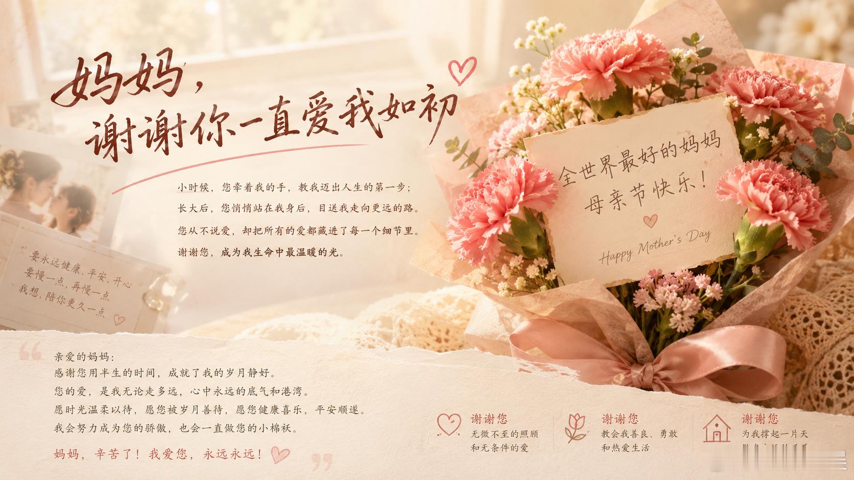 母亲节母亲节快乐 小时候，总觉得妈妈什么都会。长大后才发现，原来她也怕黑、会累、