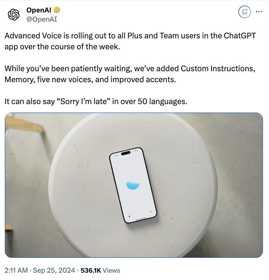 千呼万唤，GPT-4o高级语音终于开始全量推出，Plus用户一周内都能用了！
没