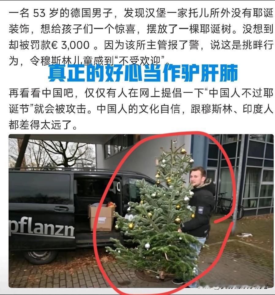 因在幼儿园门口摆放圣诞树，遭警察罚款，不是因为砍伐树木，也不是因为乱放东西，而是