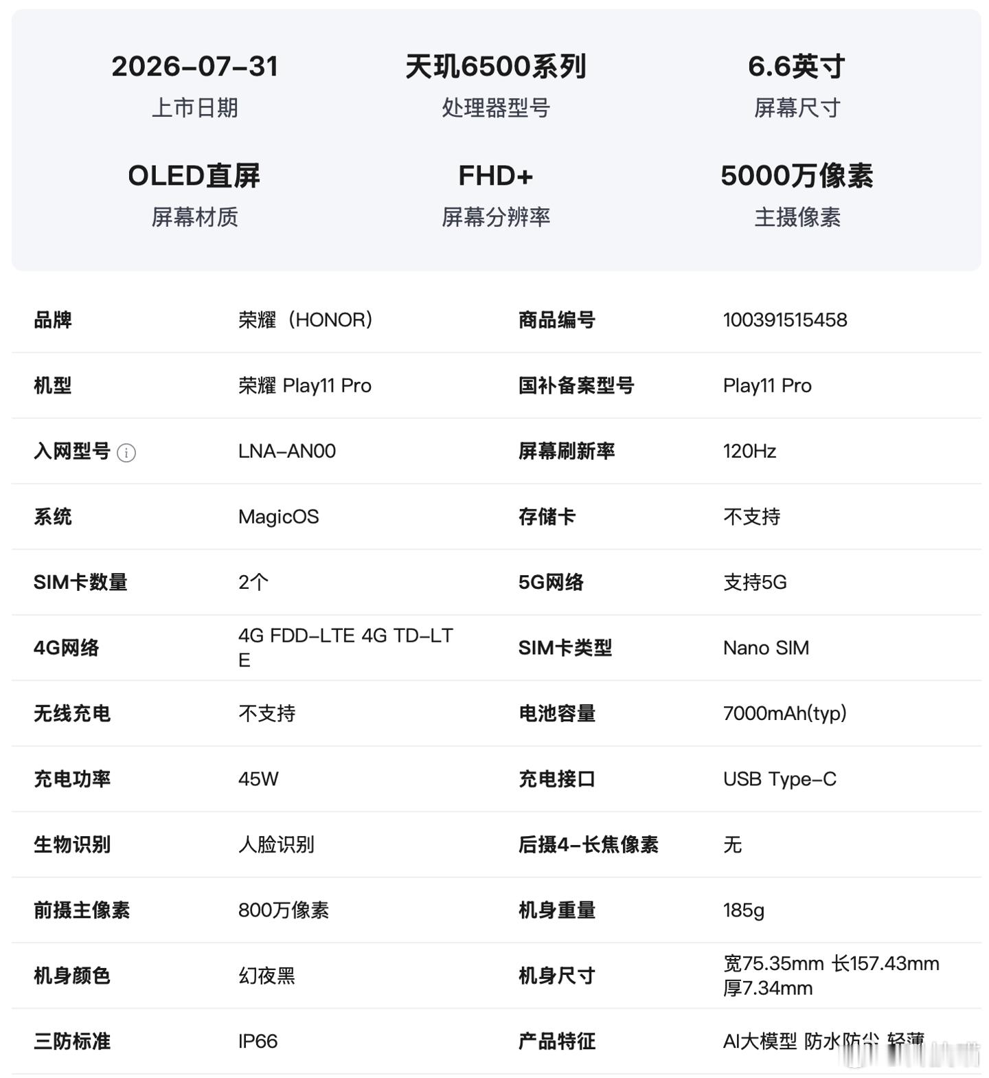 荣耀 Play11 Pro 手机发布：7000mAh 电池+45WIP66 级防