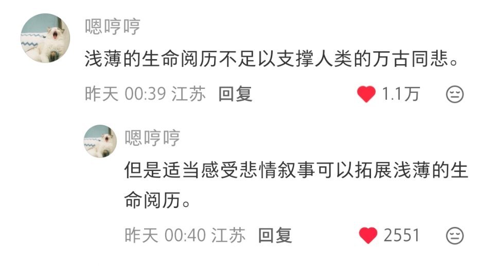 “普通人还是要少接触那些悲情的叙事，因为浅薄的生命阅历不足于支撑人类的万古同悲，
