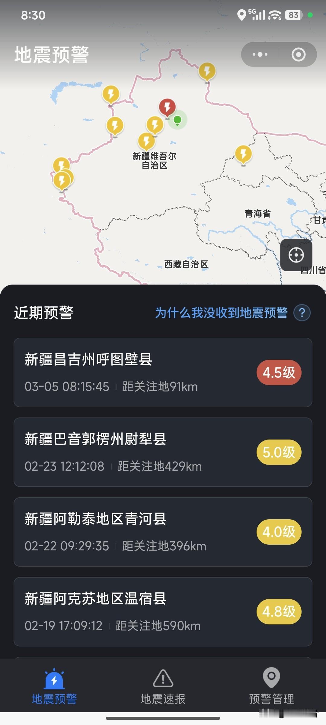 今早手机预警提示：新疆昌吉呼图壁发生地震，震级4.5级，时间为8点15分
因为乌
