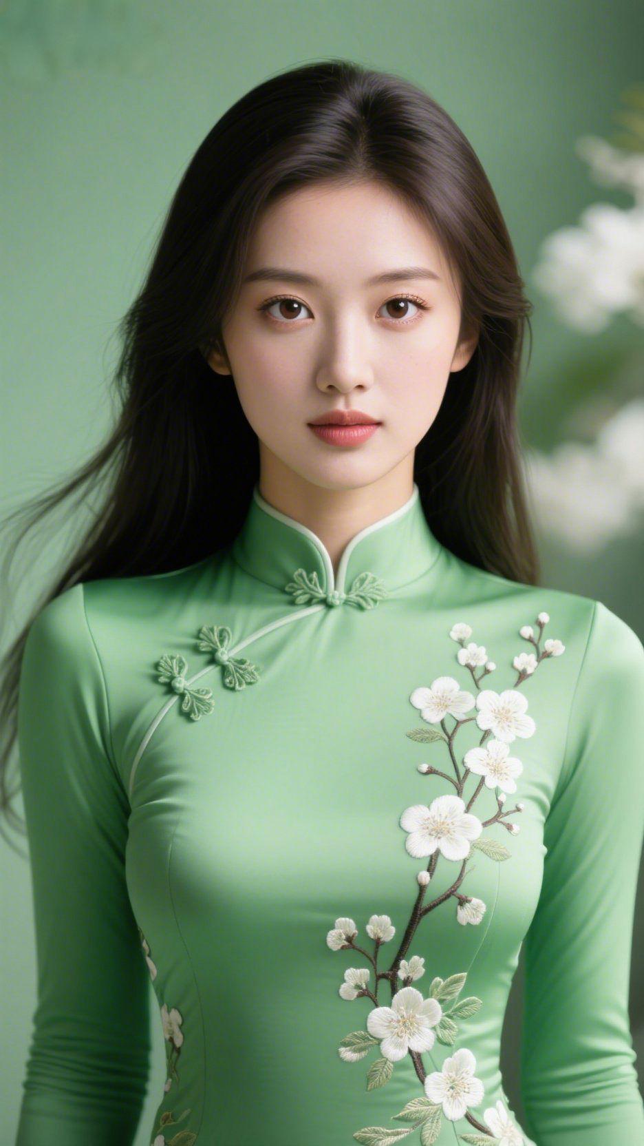 青衫裹春柔
 
柔绿背景中，这抹浅青裹着花意轻落。
 
旗袍领口盘扣缀着嫩枝纹，