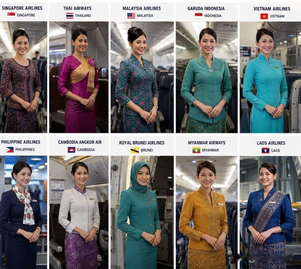 《东盟十国航空公司空乘制服》
 
上排（从左至右）
 
1. 新加坡航空 Sin
