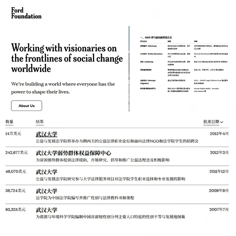 天呐！武汉大学竟长期、大量接受美国NGO组织“美国福特基金会”资助！资助主要集中