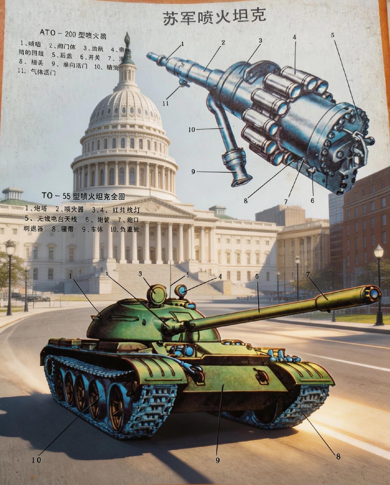 苏联TO-55型喷火坦克武器与喷火装置技术详解
 
TO-55型喷火坦克除主战火