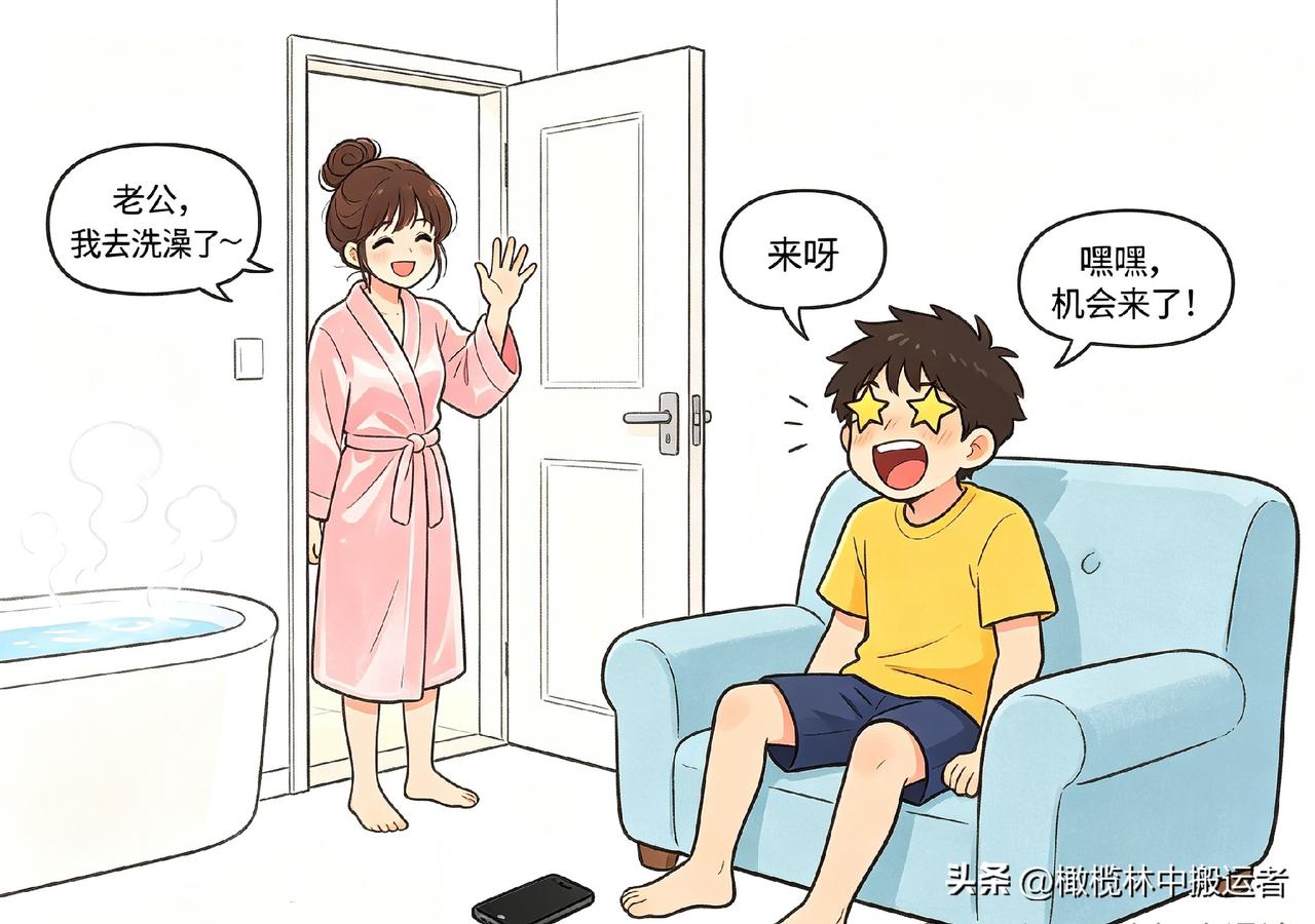 趣味漫画：老婆：老公，我去洗澡了。老婆继续在浴室里喊：你不来帮我搓搓吗？ 老公一