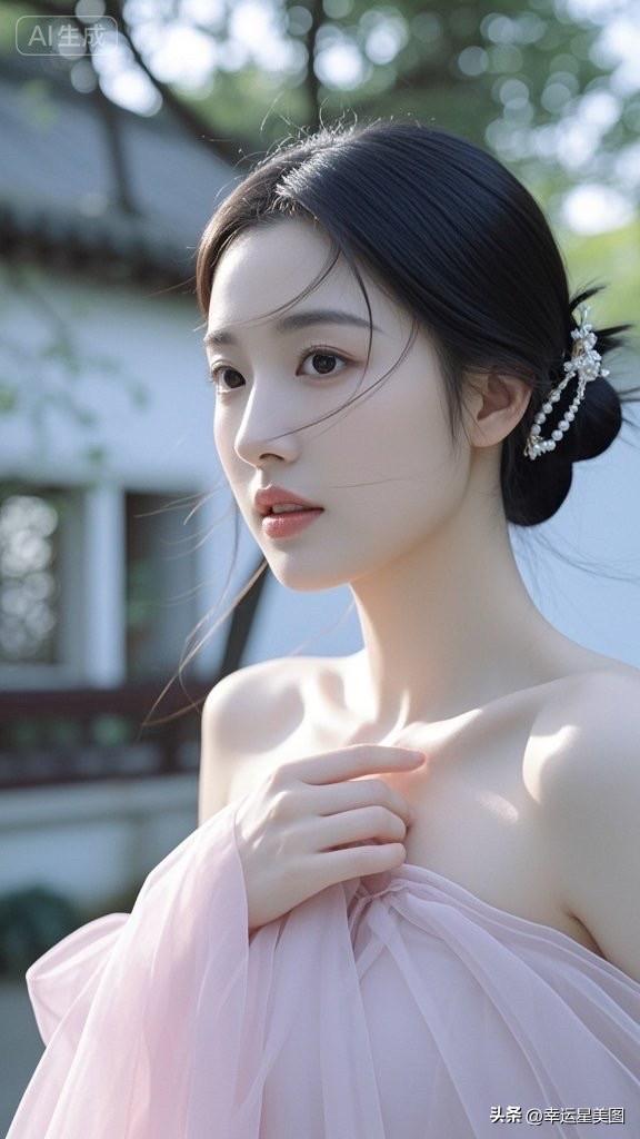 温柔古风美人，粉裙飘飘，纱幔轻拂，宛如画中仙子。