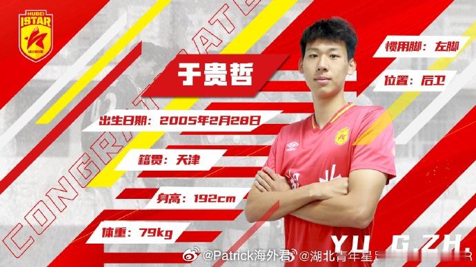 湖北青年星19岁后卫 #于贵哲# 租借加盟斯洛文尼亚ND戈里察，将参加第二级别联