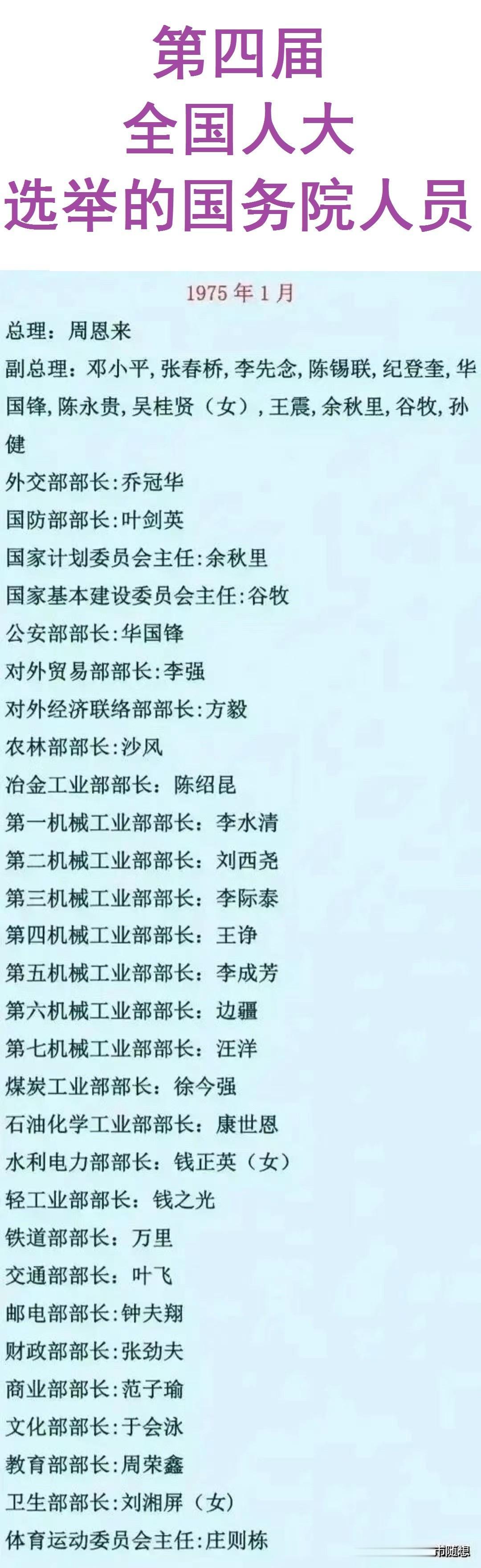 1975年国务院各部门领导人员名单
在这一时期，周恩来担任中国的总理，邓小平则担