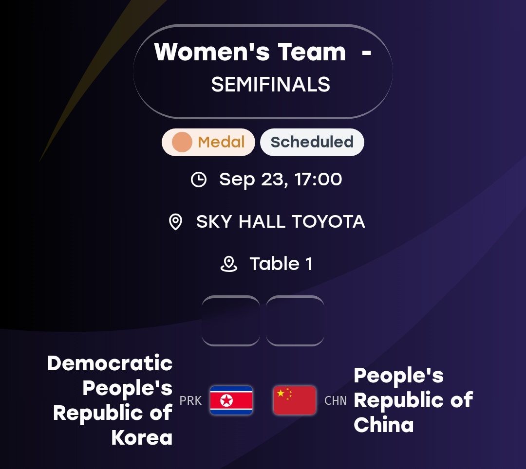 名古屋亚运会 第20届爱知‑名古屋2026亚运会乒乓球女子团体半决赛🇨🇳中国