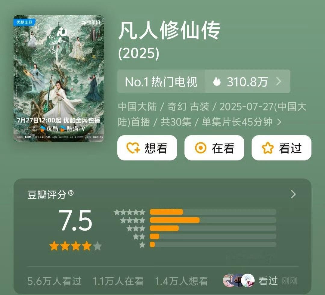 杨洋凡人修仙传豆瓣开分7.5分 6.4万人评分 ​​​