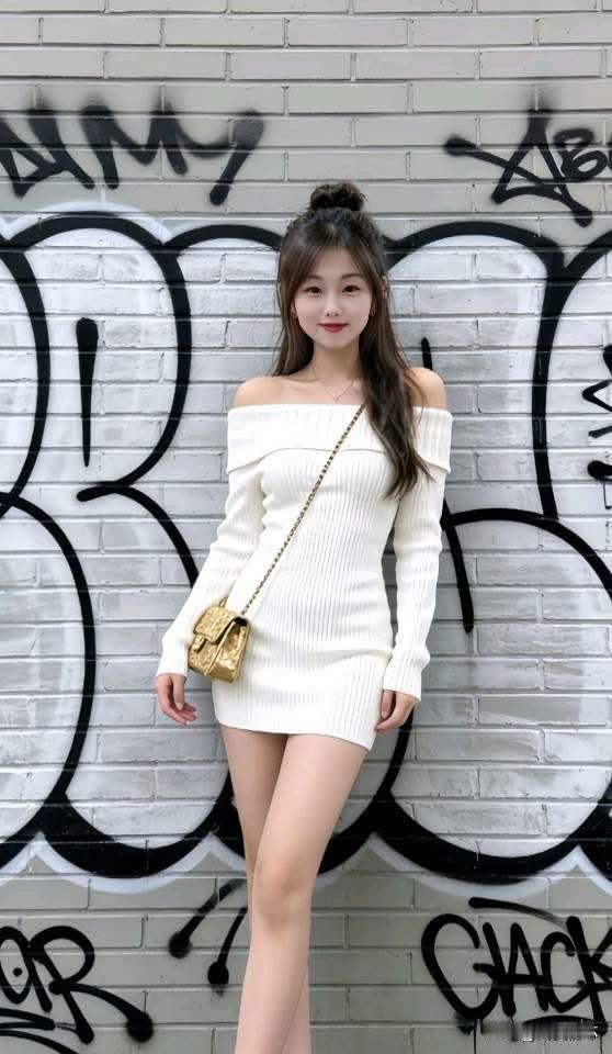 白色露肩毛衣裙，搭配金色小包，轻松凹造型！