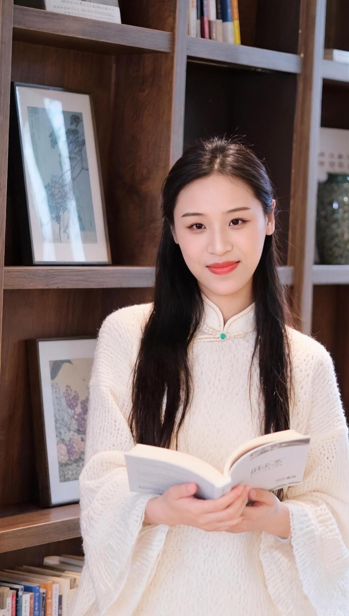 书架是木色的方格
框住半幅水墨、几册闲书
她的白毛衣像蓬松的云
裹着盘扣里漏出的