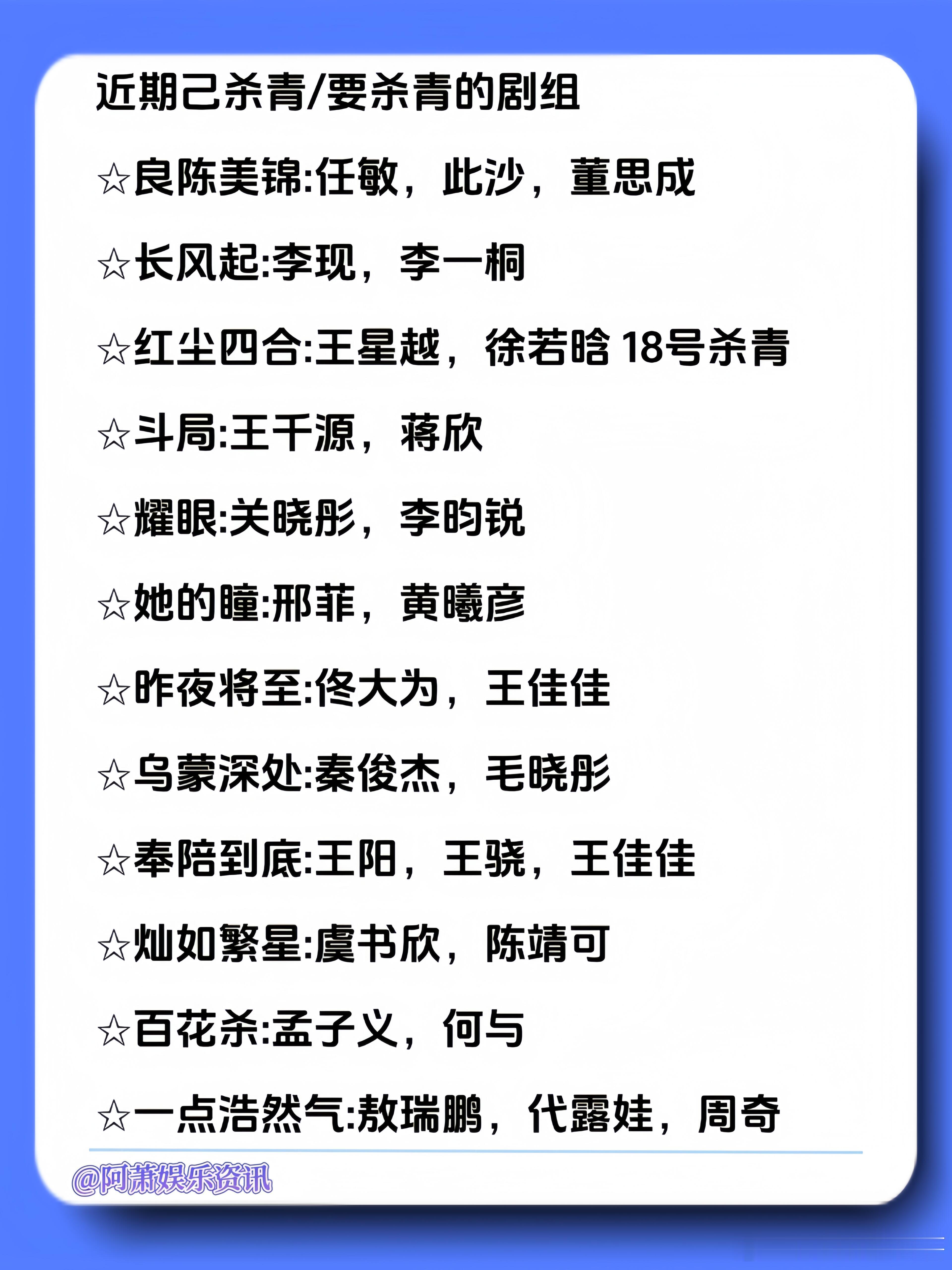 明星娱乐资讯🔥近期己杀青/要杀青的剧组✩良陈美锦:任敏，此沙，董思成✩长风起: