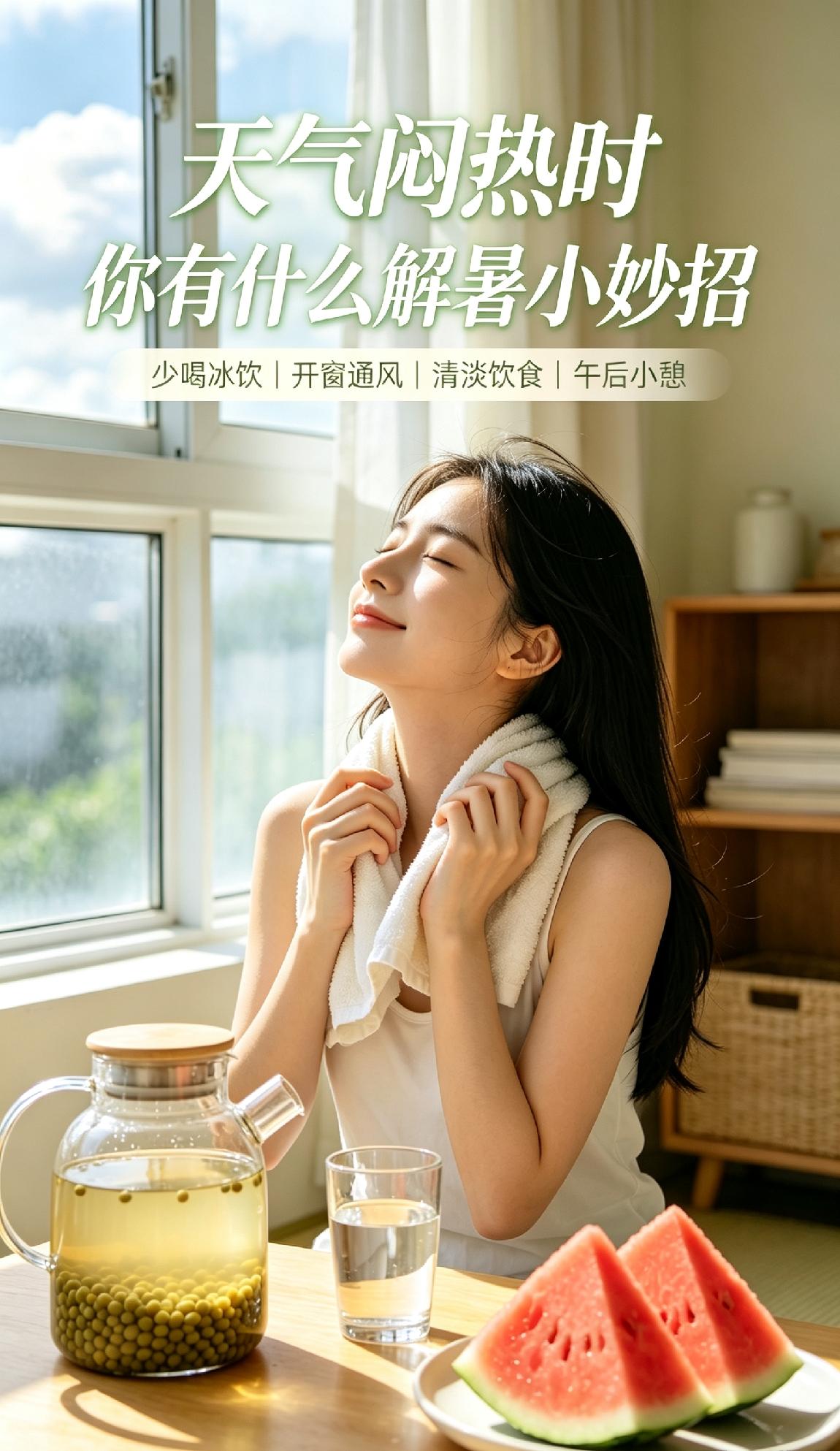 天气闷热浑身发闷的时候，分享几个实用的解暑小妙招。可以泡一壶绿豆汤放凉饮用，少喝