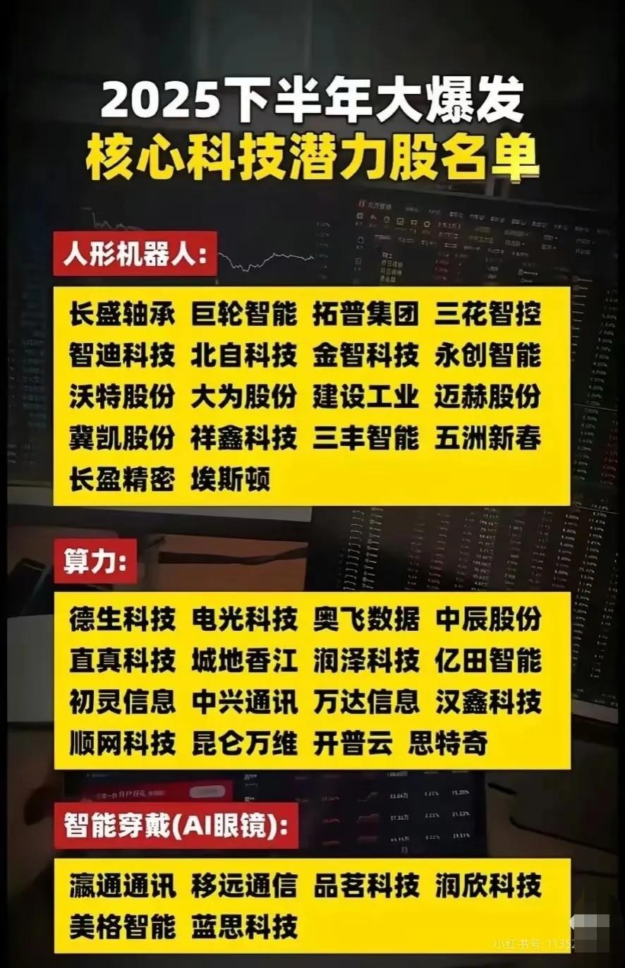“2025下半年大爆发 核心科技潜力股名单”，并分别从多个前沿科技细分领域，列举
