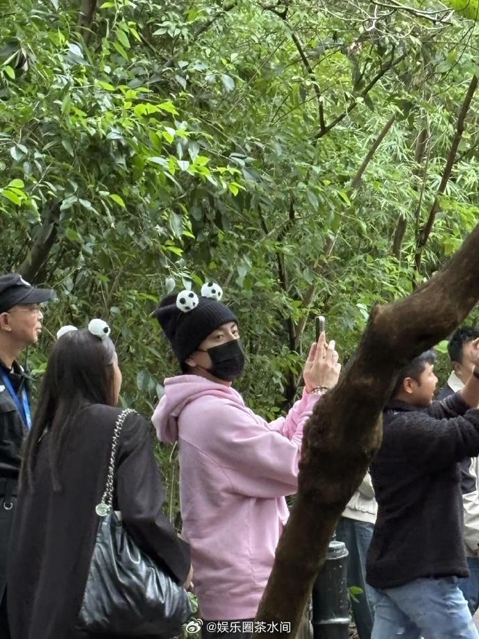 #王大陆和女友看大熊猫# 近日，有网友偶遇和女友沐轩在成都动物园繁殖基地看大熊猫