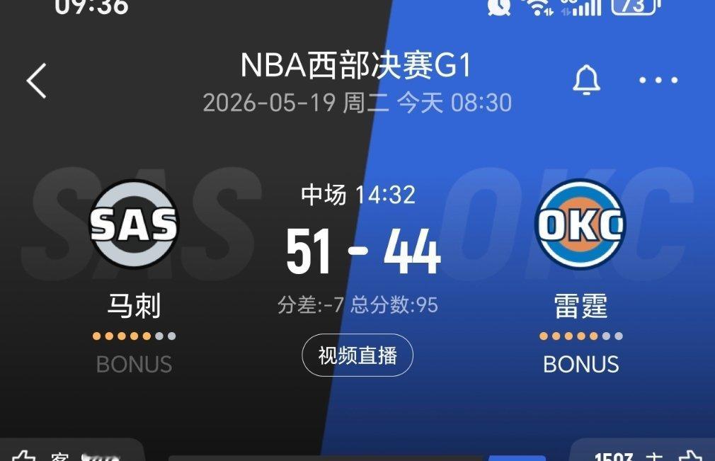 上半场结束，马刺领先7分！马刺vs雷霆nba季后赛