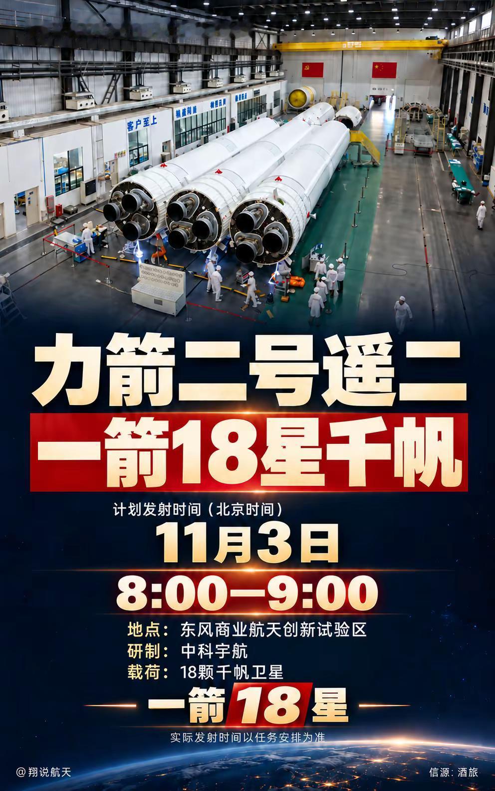 力箭二号下月初第二飞，送千帆18星。力箭二号遥二计划于北京时间11月3日8:00