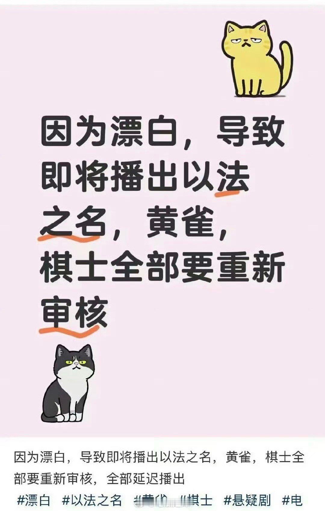 有爆料称因为漂白导致即将播出以法之名、黄雀、棋士全要重新审核，全部延迟播出，我的