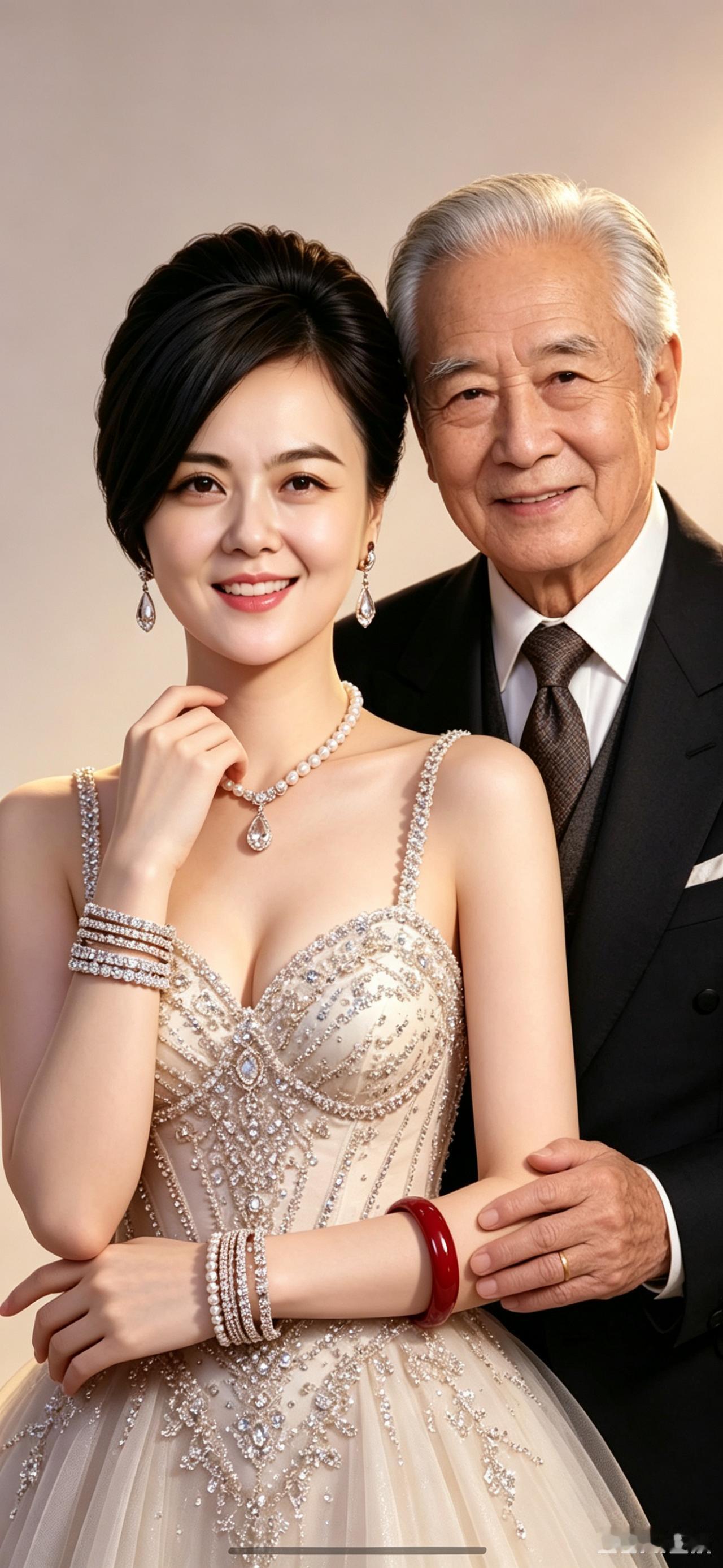 一对身着婚纱礼服的情侣微笑着合影。结婚照合影 婚纱秀恩爱 这位女士已离婚数年，今