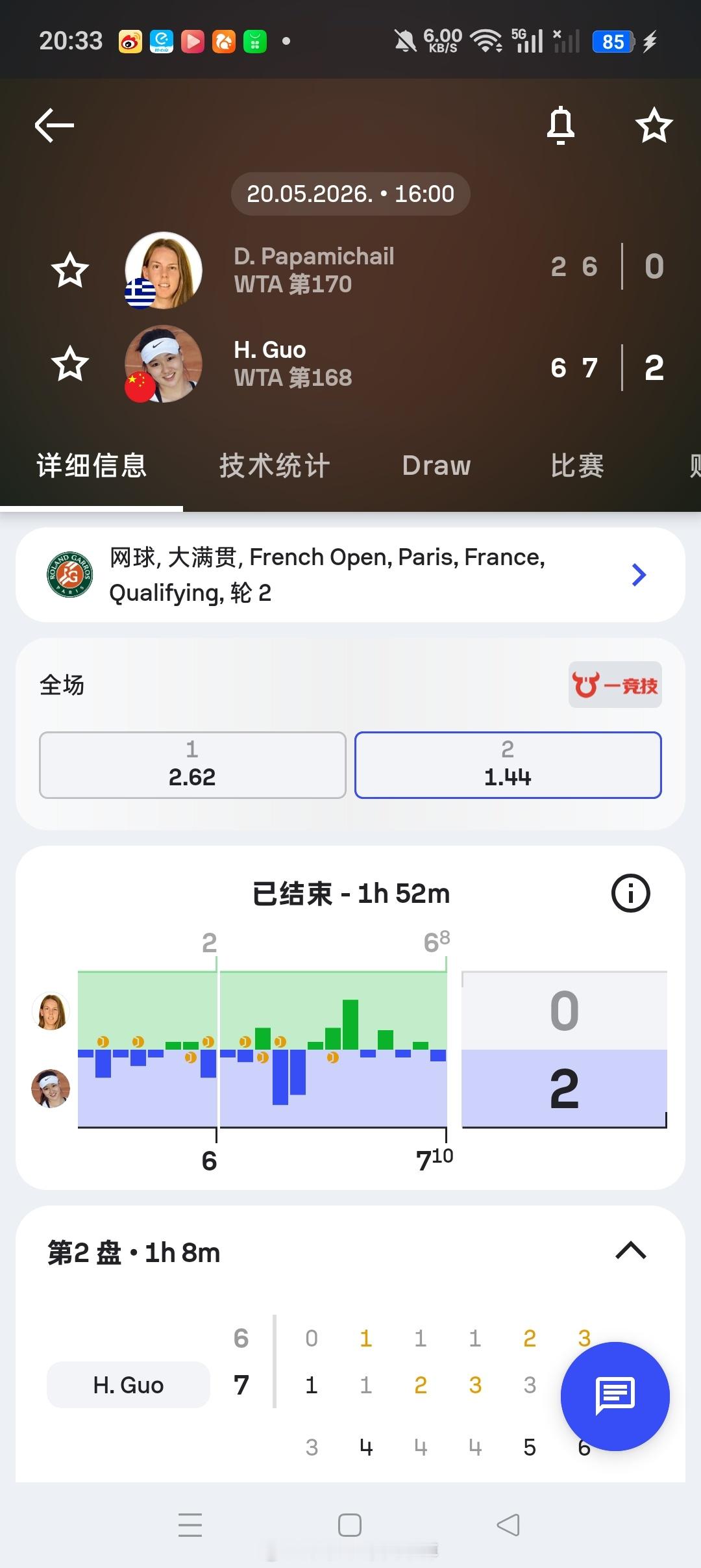 【法网2026】女单资格赛第二轮🇨🇳郭涵煜6-2 7-6(6)击败🇬🇷球